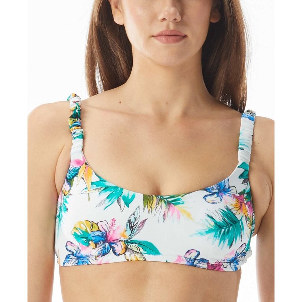 Sundazed Floral Bikini Swim Top Shirred-Strap White Pink M
